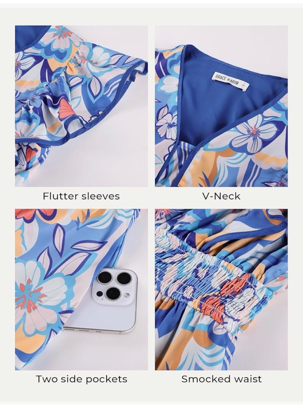 NWT Blue Floral Flutter Sleeve Midi Pocket Dress-S - Picture 8 of 13